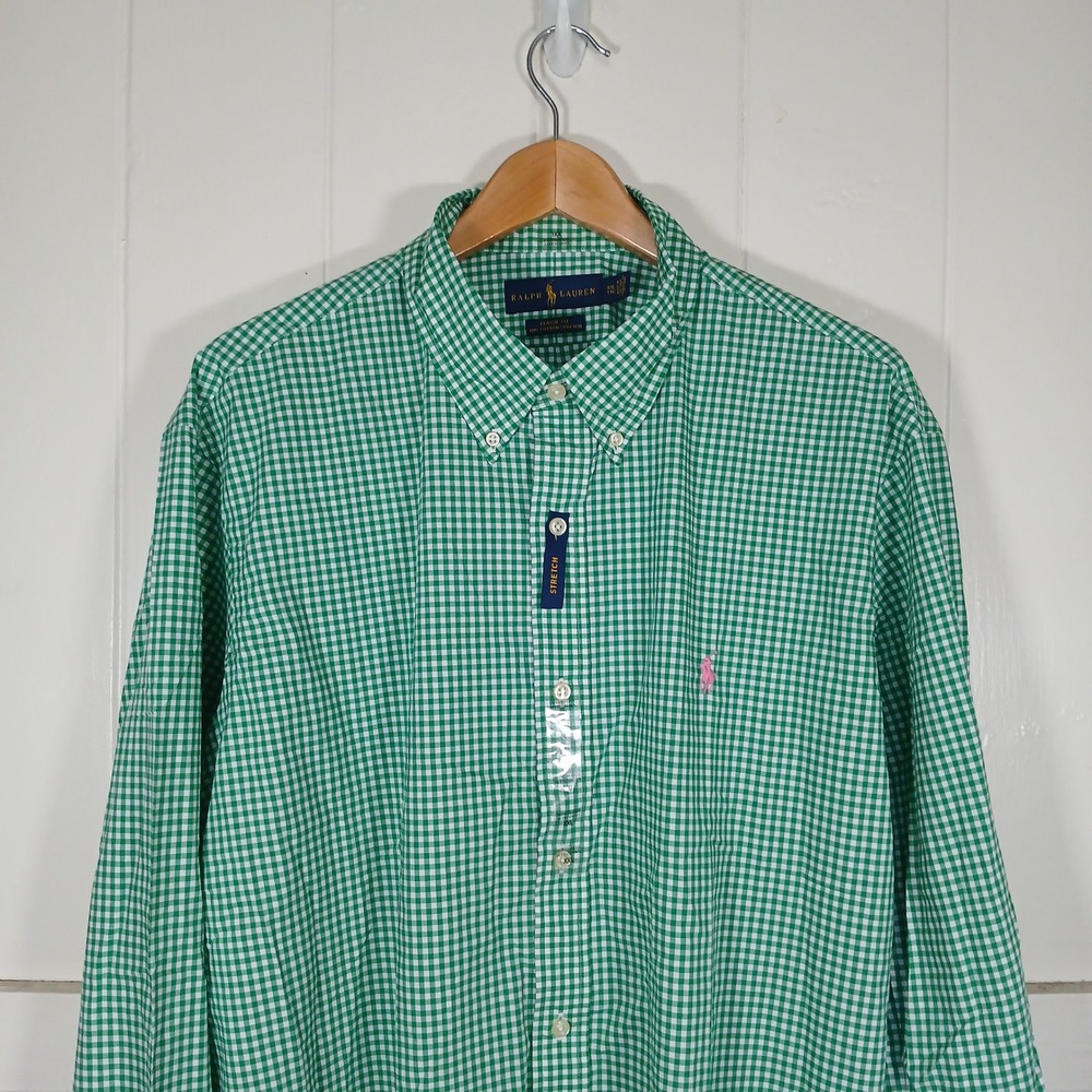 Ralph Lauren Stretch Cotton Button Down Shirt Mens XXL Green Gingham Classic Fit